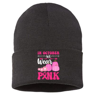 In October We Wear Pink Ribbon Pumpkin Breast Cancer Halloween Gift Sustainable Knit Beanie