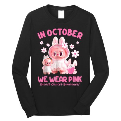 In October We Wear Labubu Breast Cancer Awareness Long Sleeve Shirt