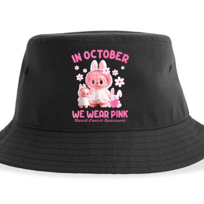 In October We Wear Labubu Breast Cancer Awareness Sustainable Bucket Hat