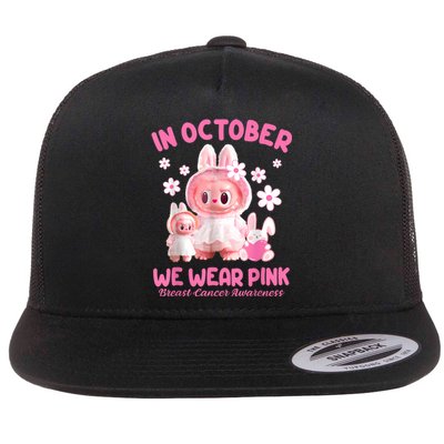 In October We Wear Labubu Breast Cancer Awareness Flat Bill Trucker Hat