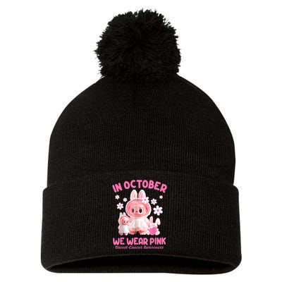 In October We Wear Labubu Breast Cancer Awareness Pom Pom 12in Knit Beanie