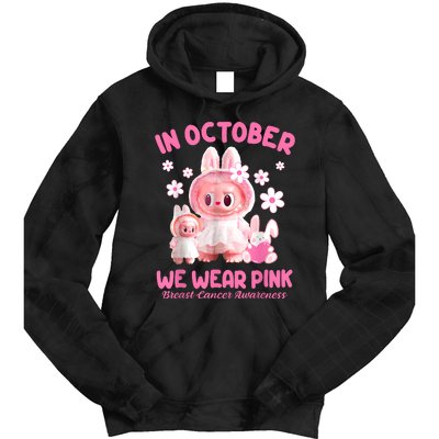 In October We Wear Labubu Breast Cancer Awareness Tie Dye Hoodie