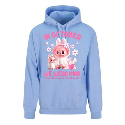 In October We Wear Labubu Breast Cancer Awareness Unisex Surf Hoodie