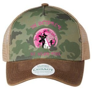 In October We Wear Pink Cat Witch Breast Cancer Halloween Legacy Tie Dye Trucker Hat