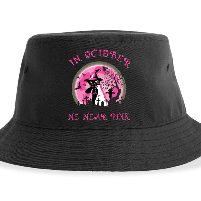 In October We Wear Pink Cat Witch Breast Cancer Halloween Sustainable Bucket Hat