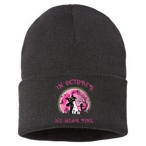 In October We Wear Pink Cat Witch Breast Cancer Halloween Sustainable Knit Beanie