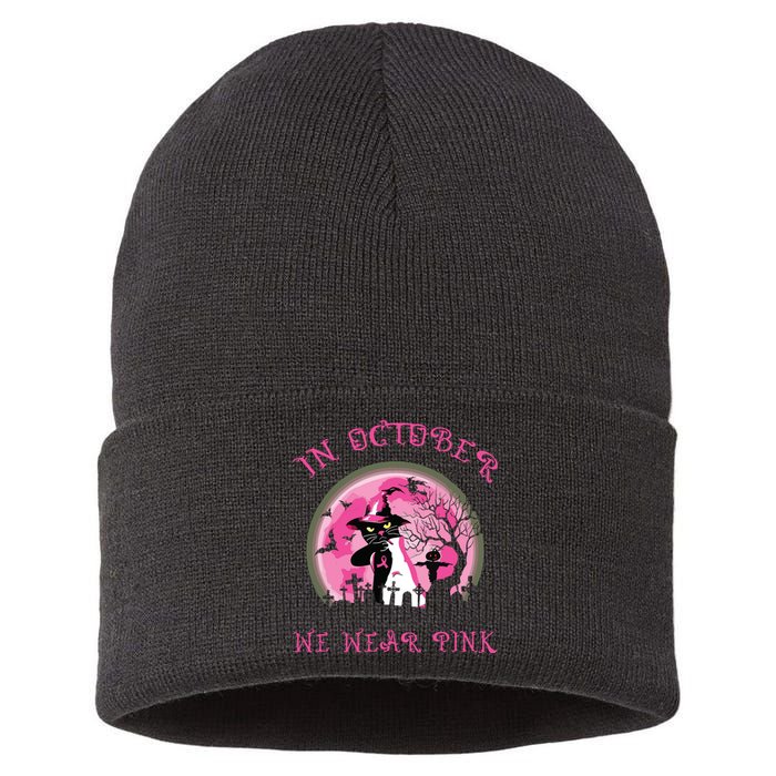 In October We Wear Pink Cat Witch Breast Cancer Halloween Sustainable Knit Beanie