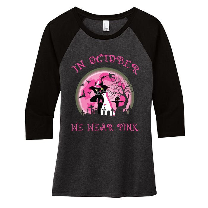 In October We Wear Pink Cat Witch Breast Cancer Halloween Women's Tri-Blend 3/4-Sleeve Raglan Shirt