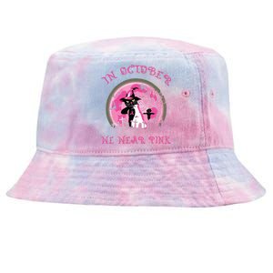 In October We Wear Pink Cat Witch Breast Cancer Halloween Tie-Dyed Bucket Hat