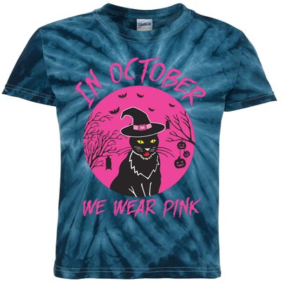 In October We Wear Pink Cute Cat Breast Cancer Awareness Kids Tie-Dye T-Shirt