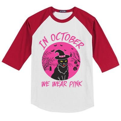 In October We Wear Pink Cute Cat Breast Cancer Awareness Kids Colorblock Raglan Jersey