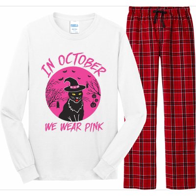 In October We Wear Pink Cute Cat Breast Cancer Awareness Long Sleeve Pajama Set