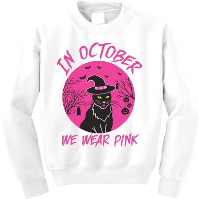 In October We Wear Pink Cute Cat Breast Cancer Awareness Kids Sweatshirt