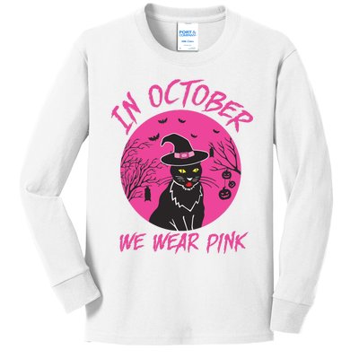 In October We Wear Pink Cute Cat Breast Cancer Awareness Kids Long Sleeve Shirt