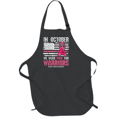 In October We Wear Pink For Warriors Breast Cancer Awareness Design Pink Ribbon Full-Length Apron With Pockets