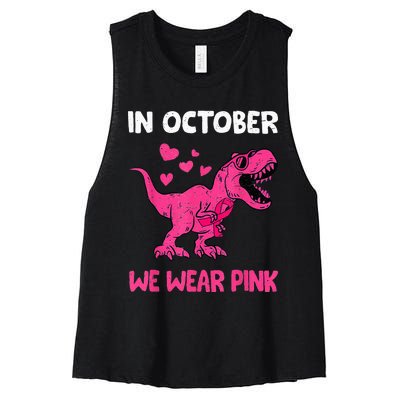 In October We Wear Pink Cute Dinosaur Breast Cancer Women's Racerback Cropped Tank