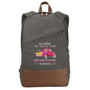 In October We Wear Pink Ribbon Leopard Truck Breast Cancer Cotton Canvas Backpack