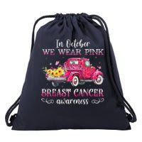 In October We Wear Pink Ribbon Leopard Truck Breast Cancer Drawstring Bag