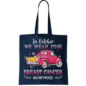 In October We Wear Pink Ribbon Leopard Truck Breast Cancer Tote Bag