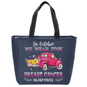 In October We Wear Pink Ribbon Leopard Truck Breast Cancer Zip Tote Bag