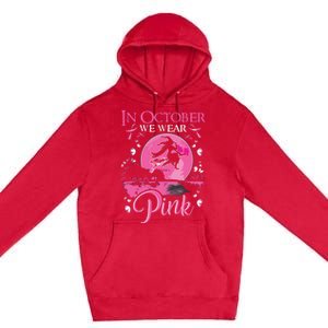 In October We Wear Pink Ribbon Witch Halloween Breast Cancer Premium Pullover Hoodie