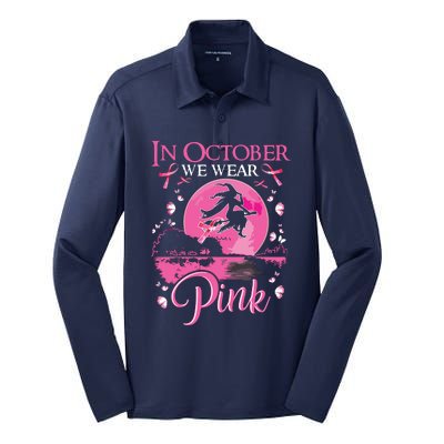 In October We Wear Pink Ribbon Witch Halloween Breast Cancer Silk Touch Performance Long Sleeve Polo