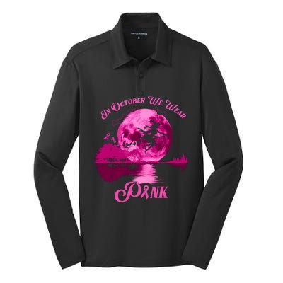 In October We Wear Pink Breast Cancer Moon Witch Halloween Gift Silk Touch Performance Long Sleeve Polo