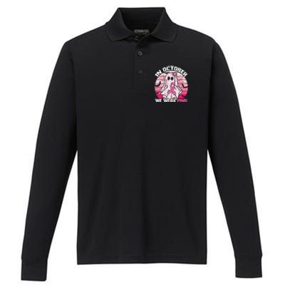 In October We Wear Pink Breast Cancer Ghost Halloween Performance Long Sleeve Polo