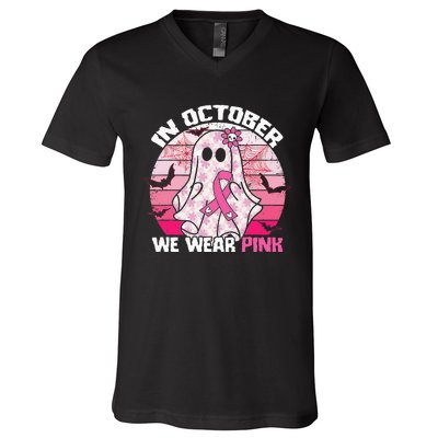 In October We Wear Pink Breast Cancer Ghost Halloween V-Neck T-Shirt