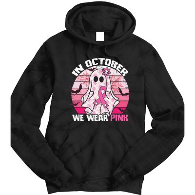 In October We Wear Pink Breast Cancer Ghost Halloween Tie Dye Hoodie