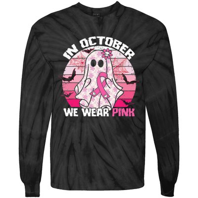 In October We Wear Pink Breast Cancer Ghost Halloween Tie-Dye Long Sleeve Shirt