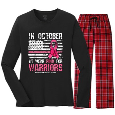 In October We Wear Pink For Warriors Breast Cancer Awareness Women's Long Sleeve Flannel Pajama Set 