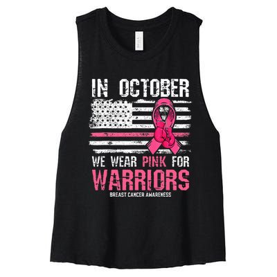 In October We Wear Pink For Warriors Breast Cancer Awareness Women's Racerback Cropped Tank