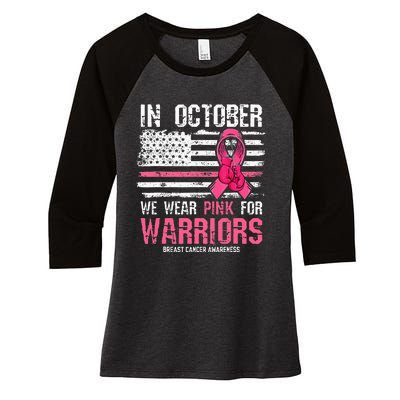 In October We Wear Pink For Warriors Breast Cancer Awareness Women's Tri-Blend 3/4-Sleeve Raglan Shirt