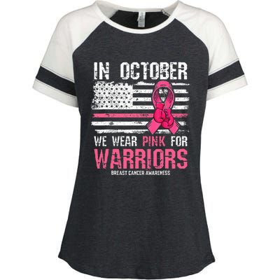 In October We Wear Pink For Warriors Breast Cancer Awareness Enza Ladies Jersey Colorblock Tee