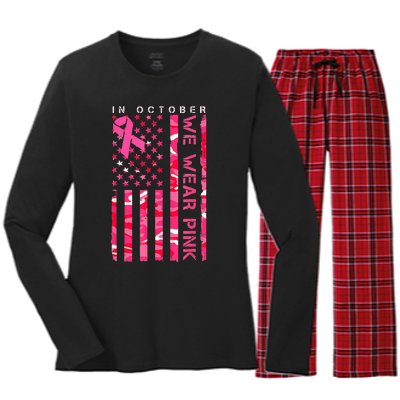 In October We Wear Pink Camo Breast Cancer Awareness Month Women's Long Sleeve Flannel Pajama Set 