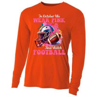 In October We Wear Pink And Watch Football Breast Cancer Cooling Performance Long Sleeve Crew