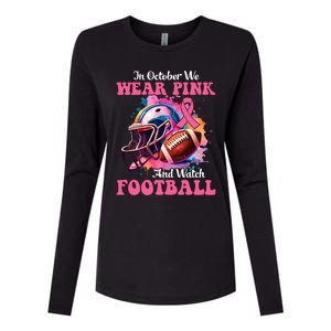 In October We Wear Pink And Watch Football Breast Cancer Womens Cotton Relaxed Long Sleeve T-Shirt