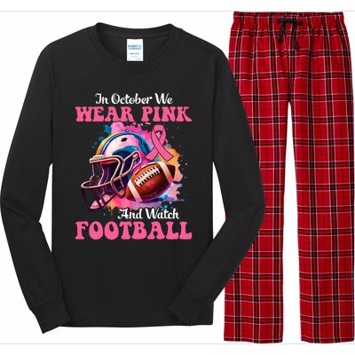 In October We Wear Pink And Watch Football Breast Cancer Long Sleeve Pajama Set