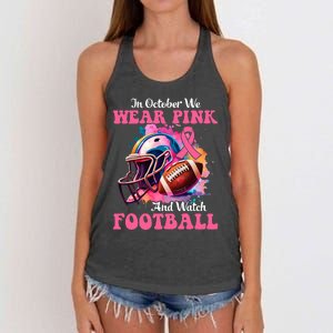 In October We Wear Pink And Watch Football Breast Cancer Women's Knotted Racerback Tank