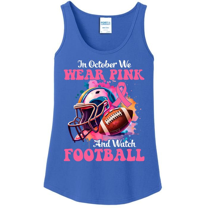 In October We Wear Pink And Watch Football Breast Cancer Ladies Essential Tank