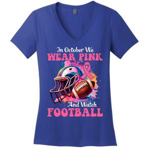 In October We Wear Pink And Watch Football Breast Cancer Women's V-Neck T-Shirt