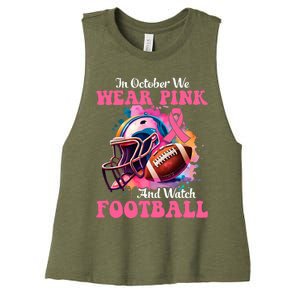 In October We Wear Pink And Watch Football Breast Cancer Women's Racerback Cropped Tank