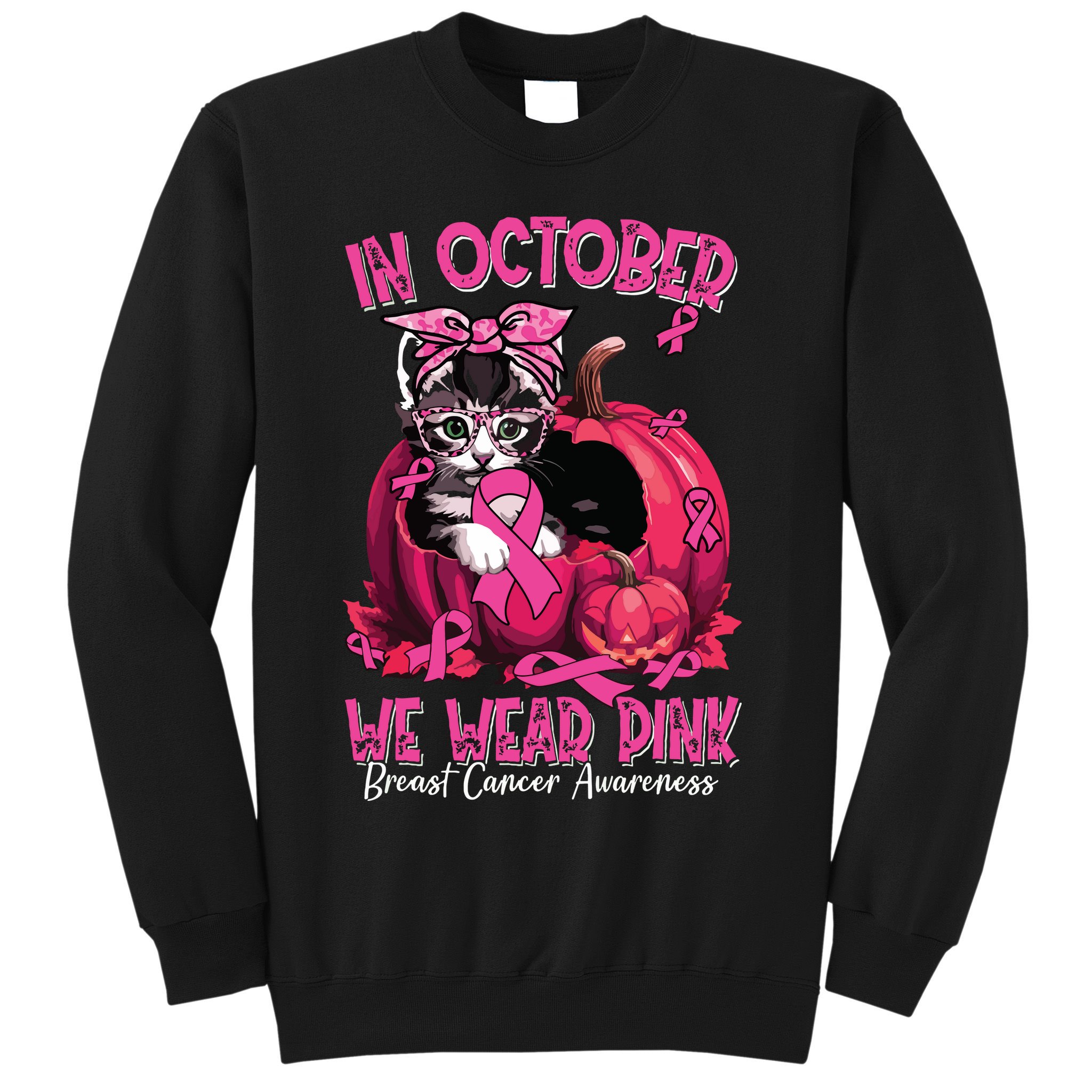 In October We Wear Cat Ribbon Breast Cancer Awareness Sweatshirt