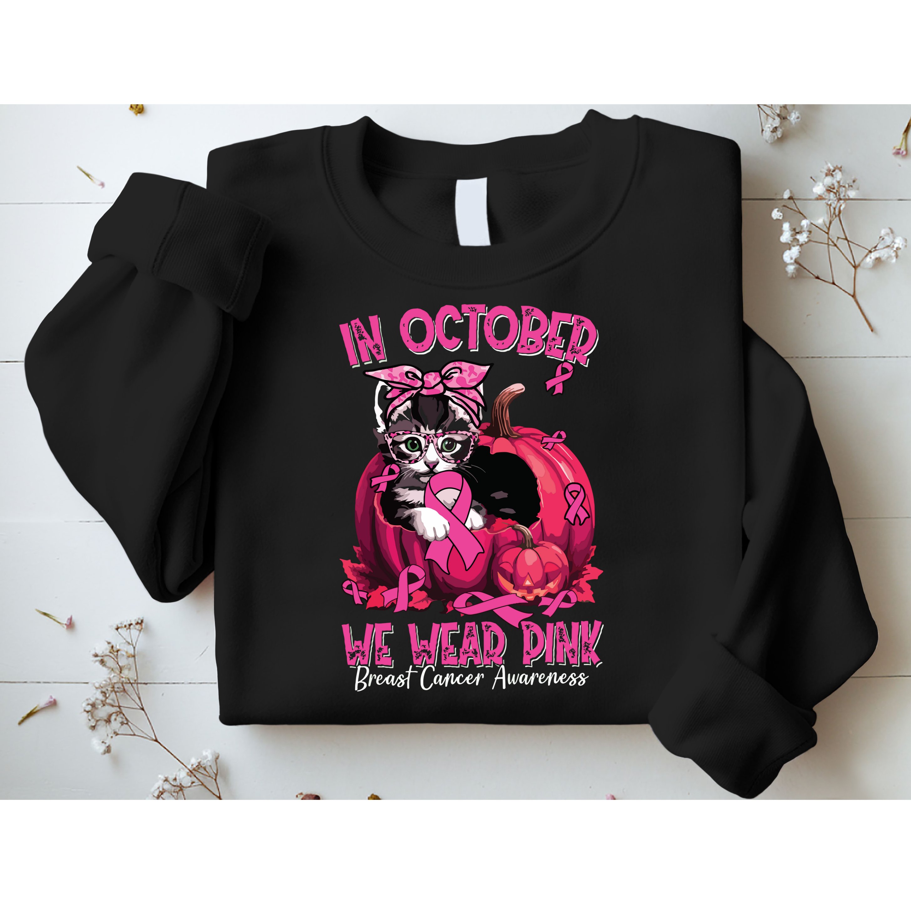 In October We Wear Cat Ribbon Breast Cancer Awareness Sweatshirt