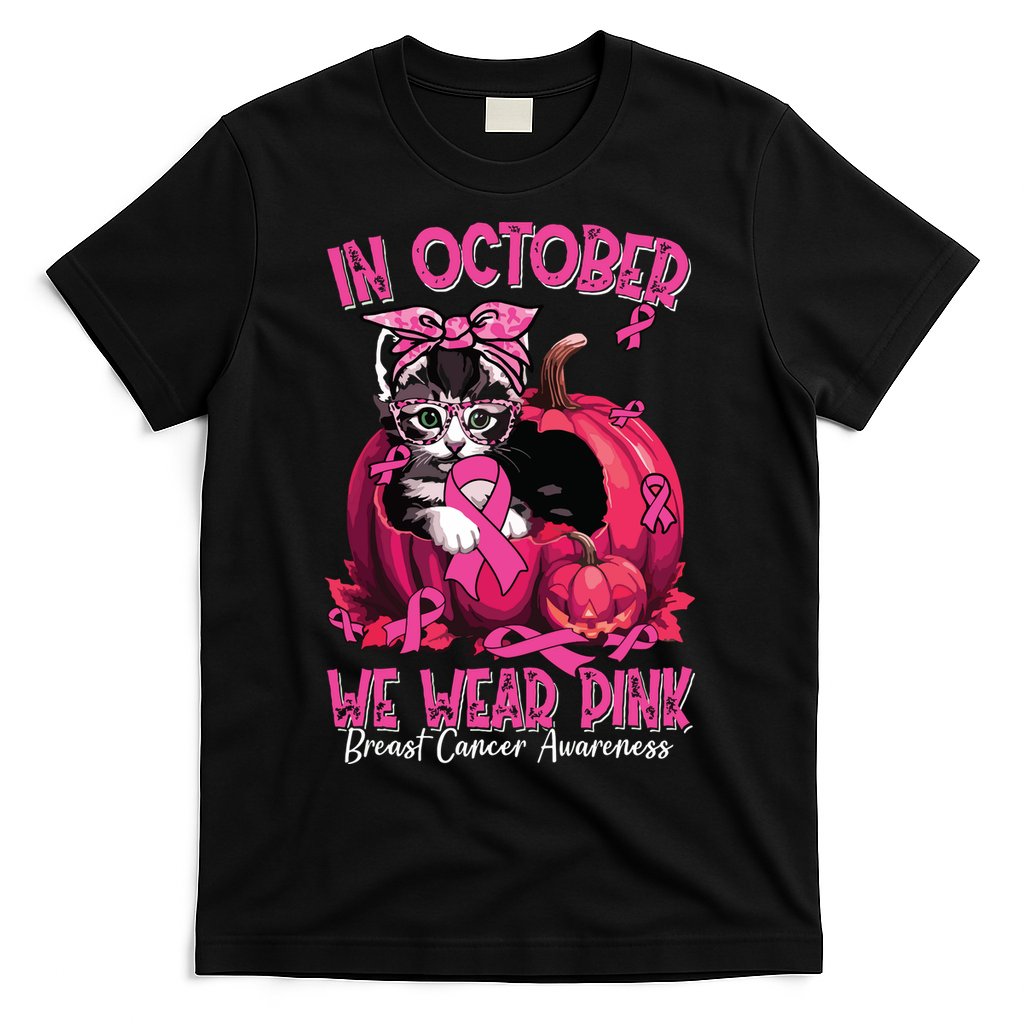 In October We Wear Cat Ribbon Breast Cancer Awareness T-Shirt