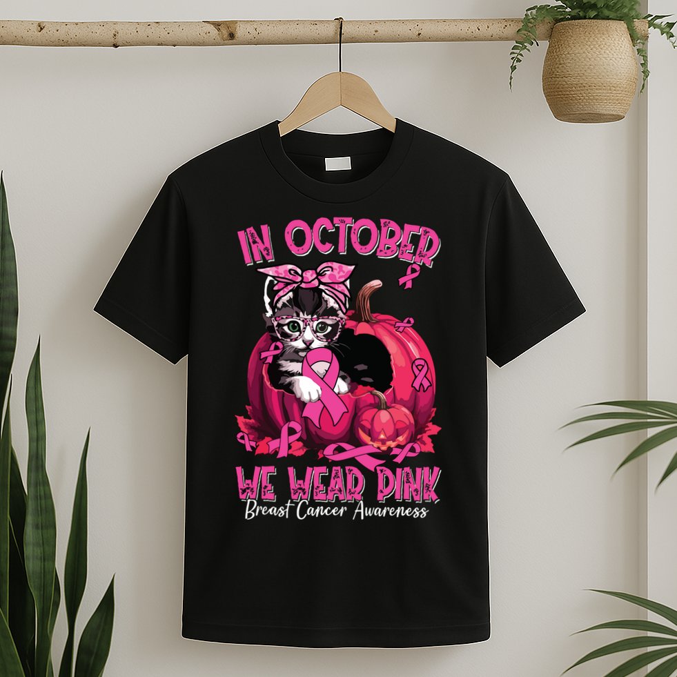 In October We Wear Cat Ribbon Breast Cancer Awareness T-Shirt