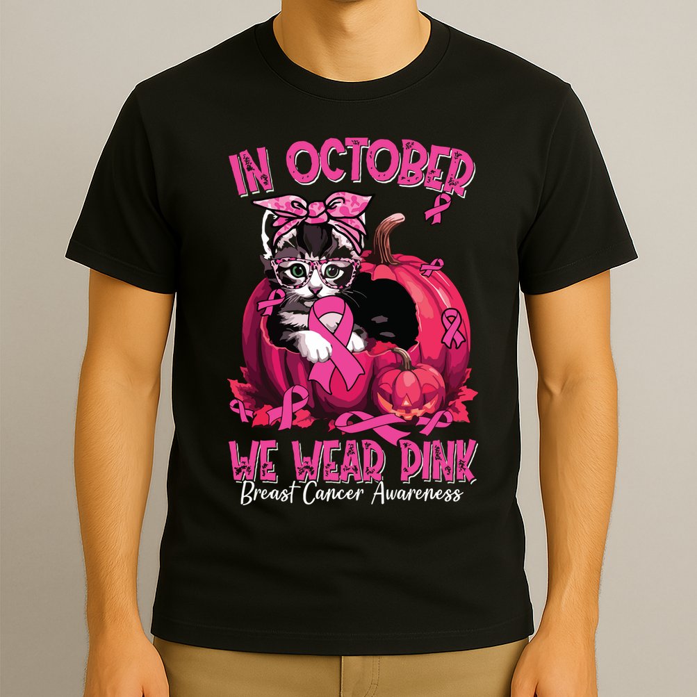 In October We Wear Cat Ribbon Breast Cancer Awareness T-Shirt