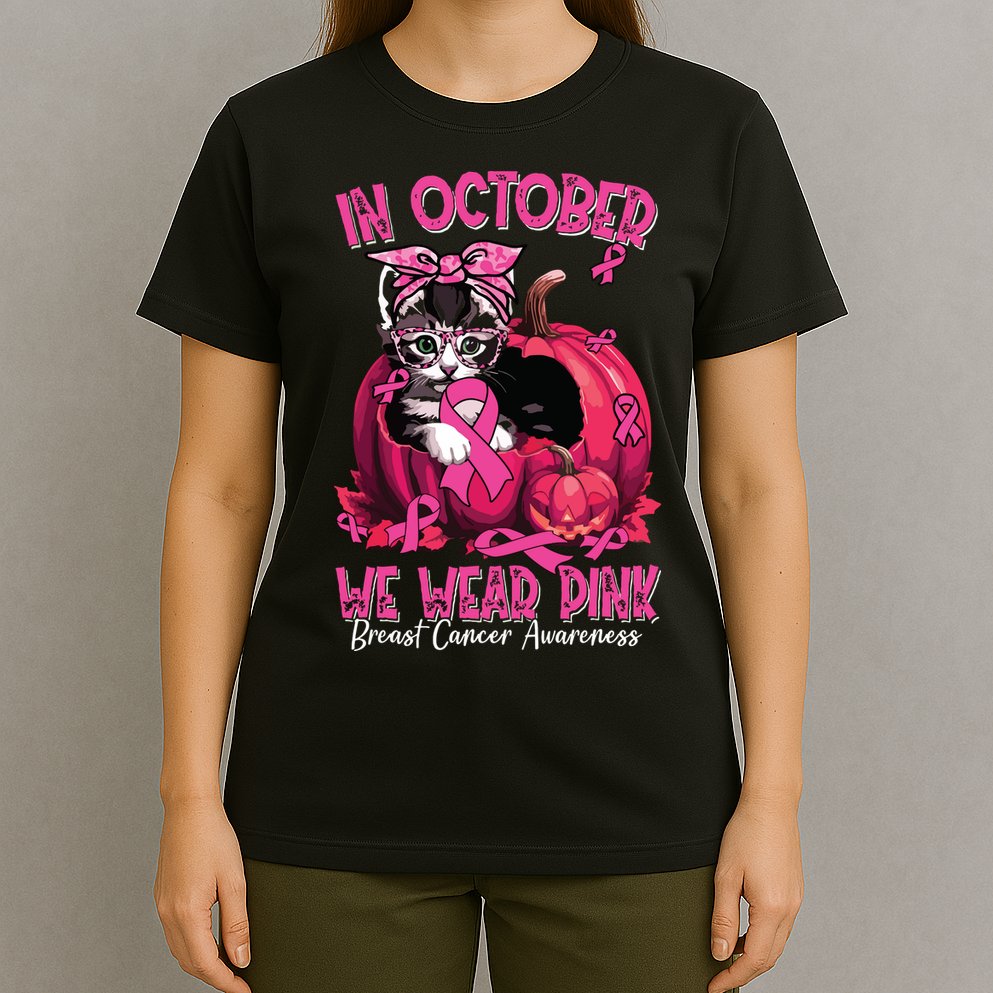 In October We Wear Cat Ribbon Breast Cancer Awareness T-Shirt