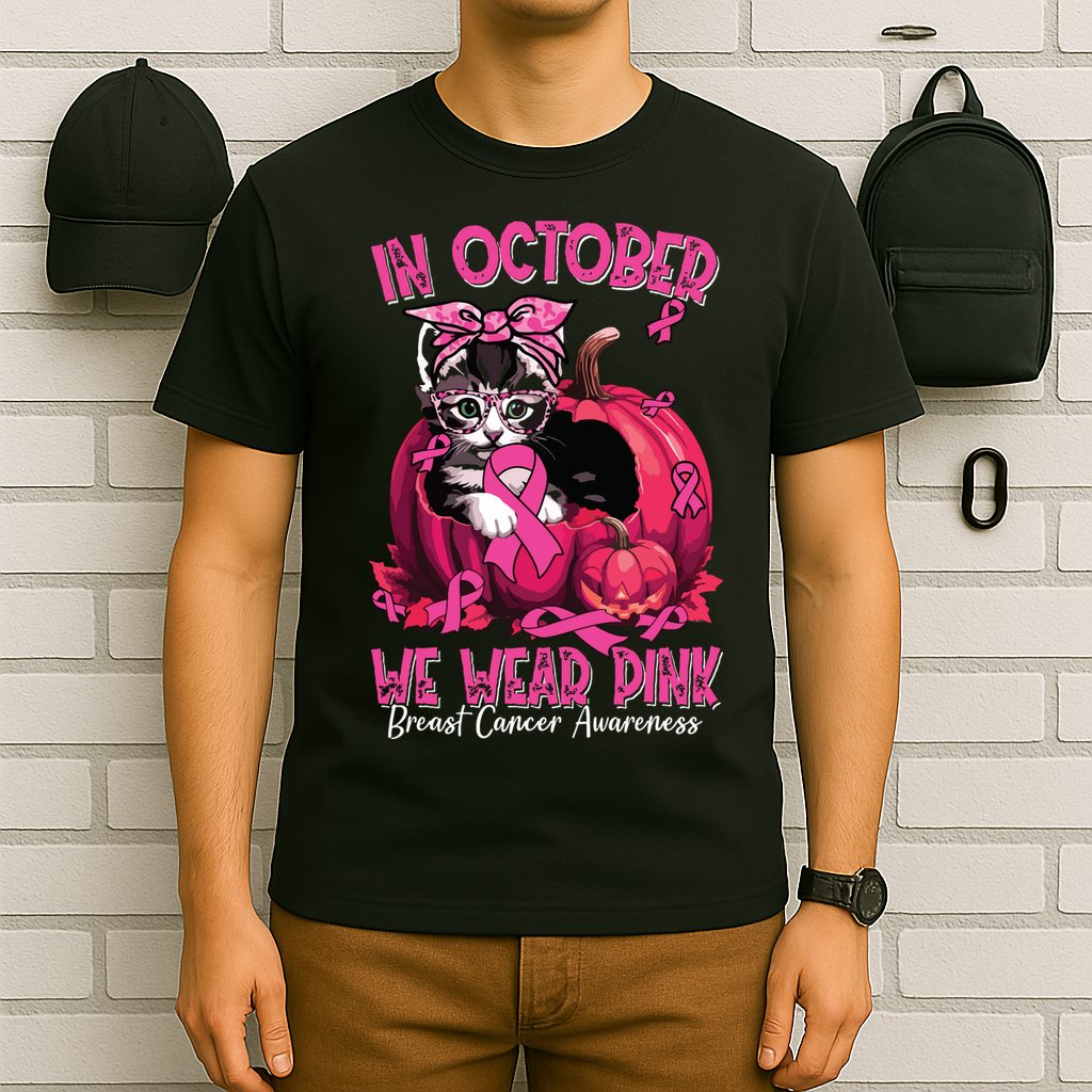 In October We Wear Cat Ribbon Breast Cancer Awareness T-Shirt